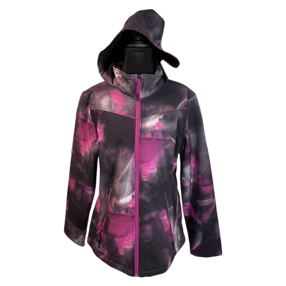 Hawke & Co Hooded Softshell Jacket Pink Gray Abstract Print Full Zip Size L
